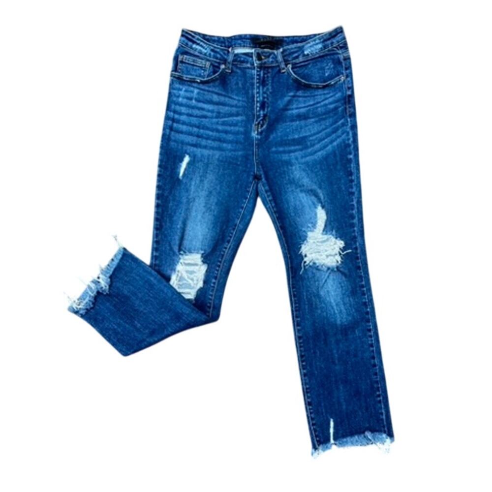 Risen high rise distressed cropped straight frayed hems staight jeans size 31